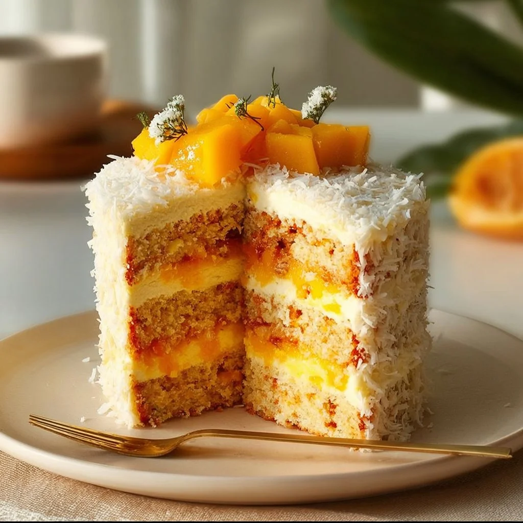 Ultimate Vegan Mango Coconut Cake with fresh mango and coconut topping