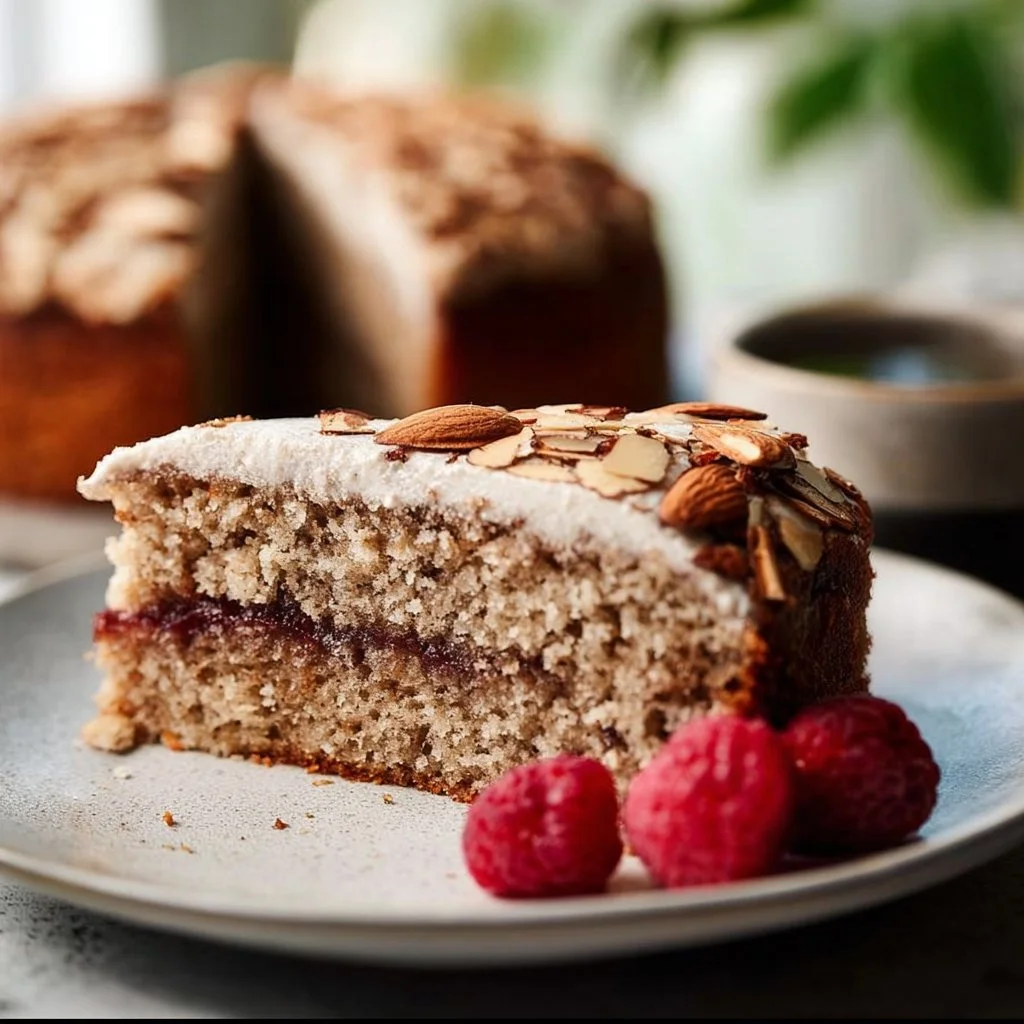 Slices of moist Vegan Almond Cake on a white plate with almonds on top.