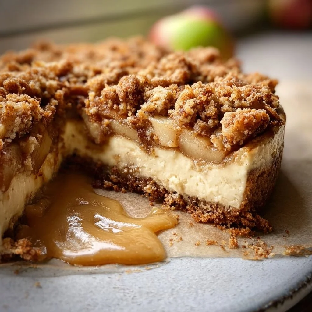 Vegan apple crumble cheesecake topped with delicious crumble and apple slices