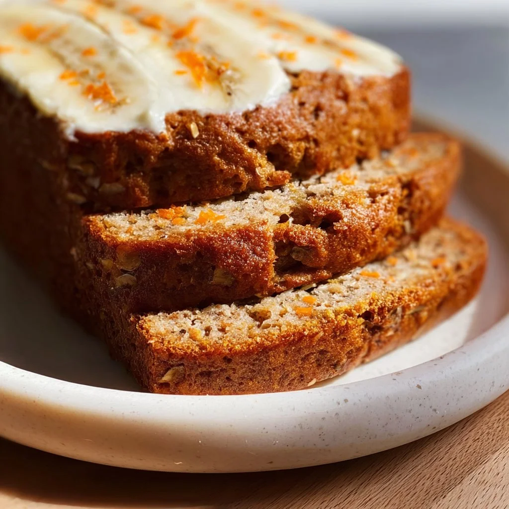 Slice of moist vegan banana bread on a wooden table