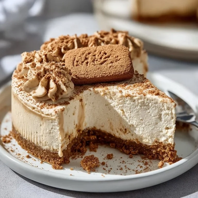 Delicious Vegan Biscoff Cheesecake topped with caramel and cookie crumbles