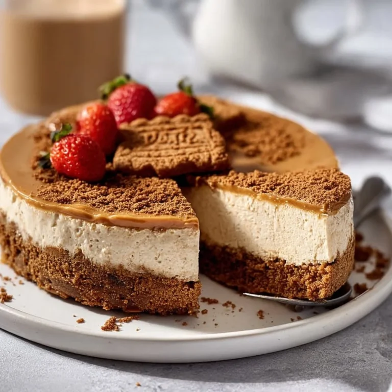 Delicious vegan Biscoff cheesecake topped with cookie crumbs and drizzled sauce.