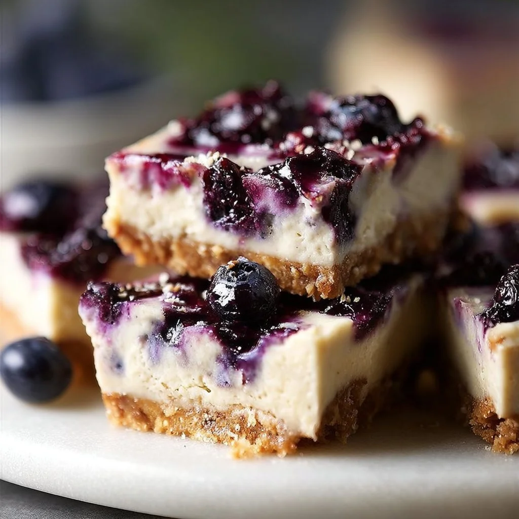 Vegan blueberry cheesecake bars topped with fresh blueberries and a graham cracker crust.