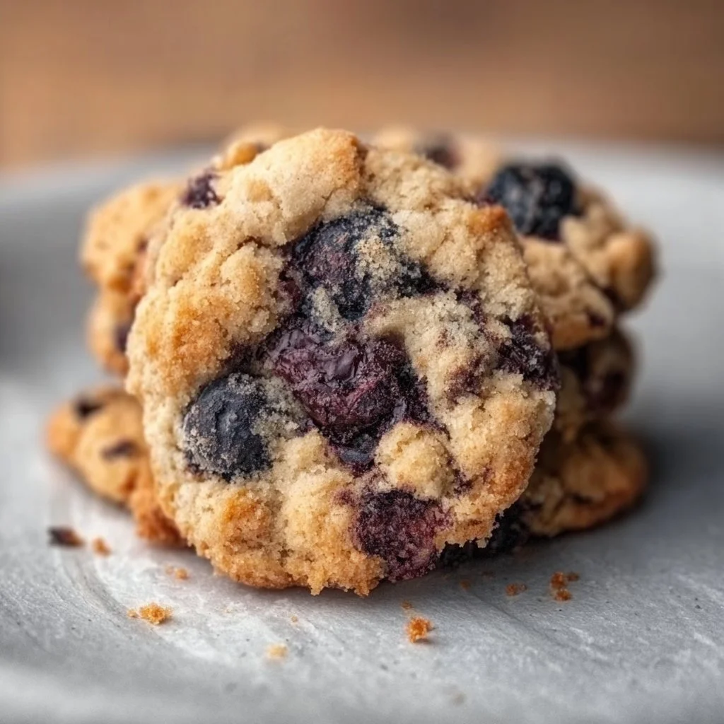 Freshly baked vegan blueberry cookies on a cooling rack.