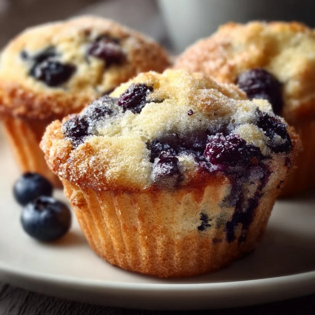 Freshly baked vegan blueberry muffins on a wooden table