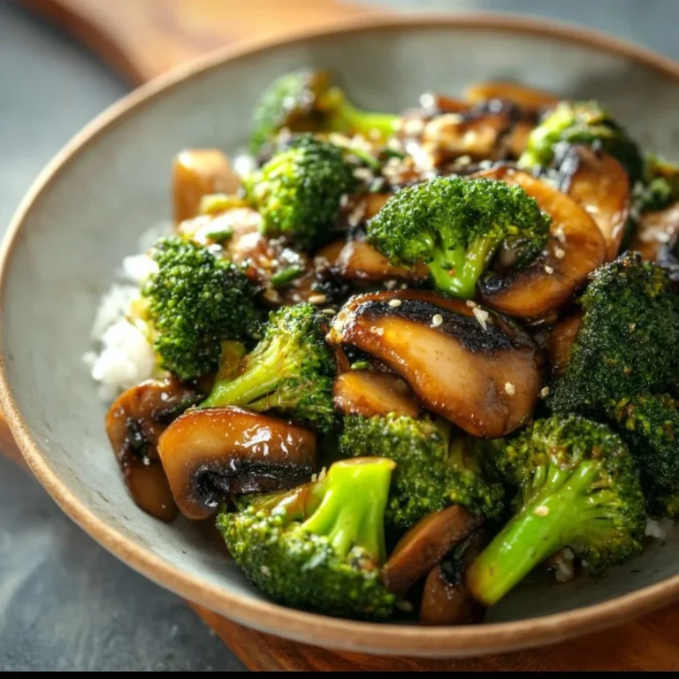 Vegan broccoli and mushroom stir fry in a colorful bowl