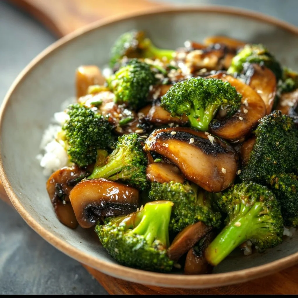 Vegan broccoli and mushroom stir fry in a colorful bowl