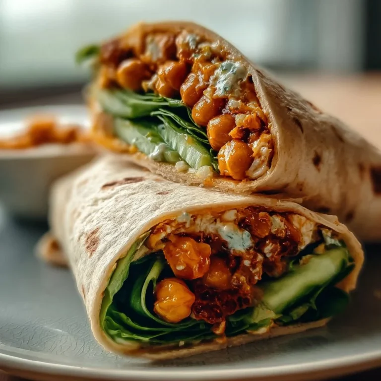 Vegan Buffalo Chickpea Wraps arranged on a plate with fresh veggies