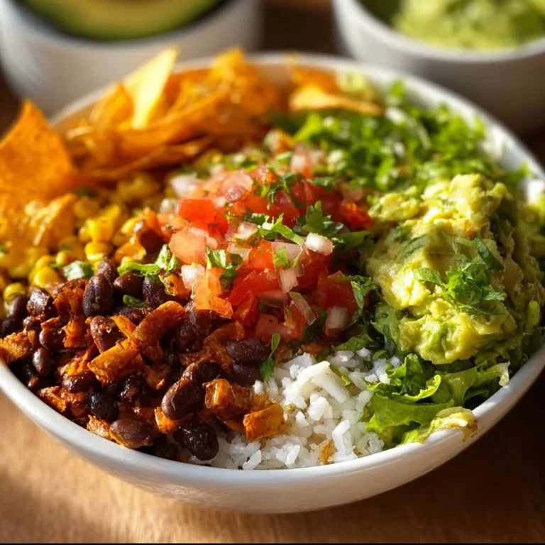 Colorful Vegan Burrito Bowl with beans, rice, vegetables, and avocado