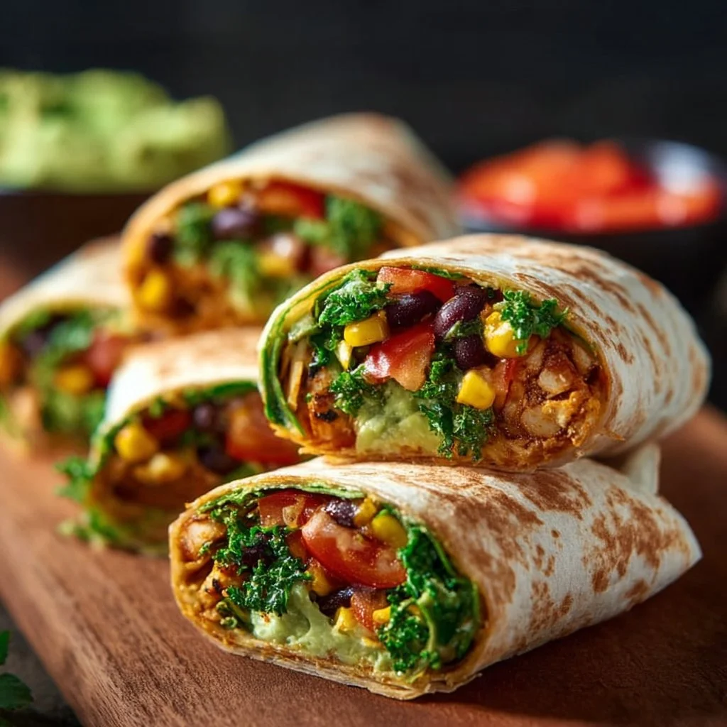 Fresh vegan burrito wraps filled with colorful vegetables and spices