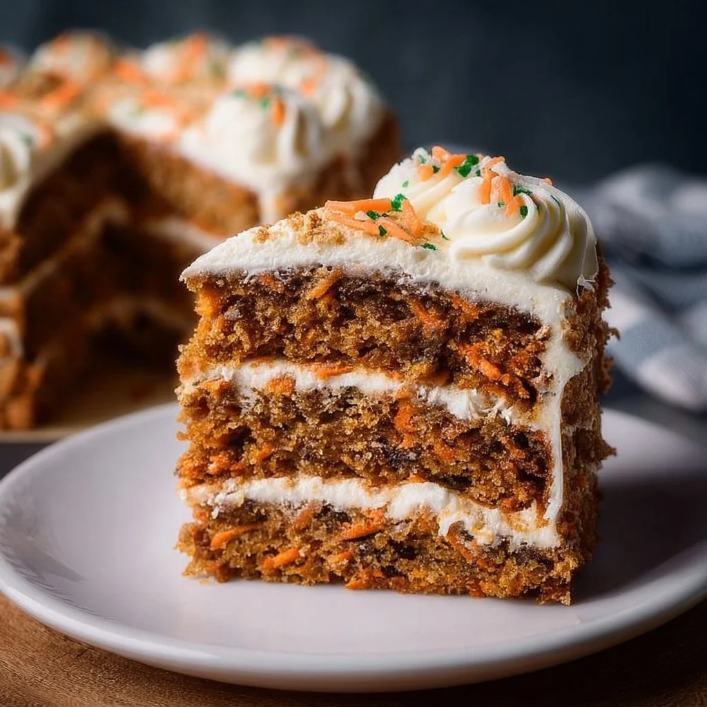 Delicious vegan carrot cake with frosting and carrot decoration