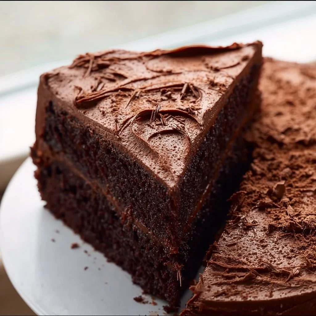 Delicious vegan chocolate cake topped with creamy icing and fresh berries