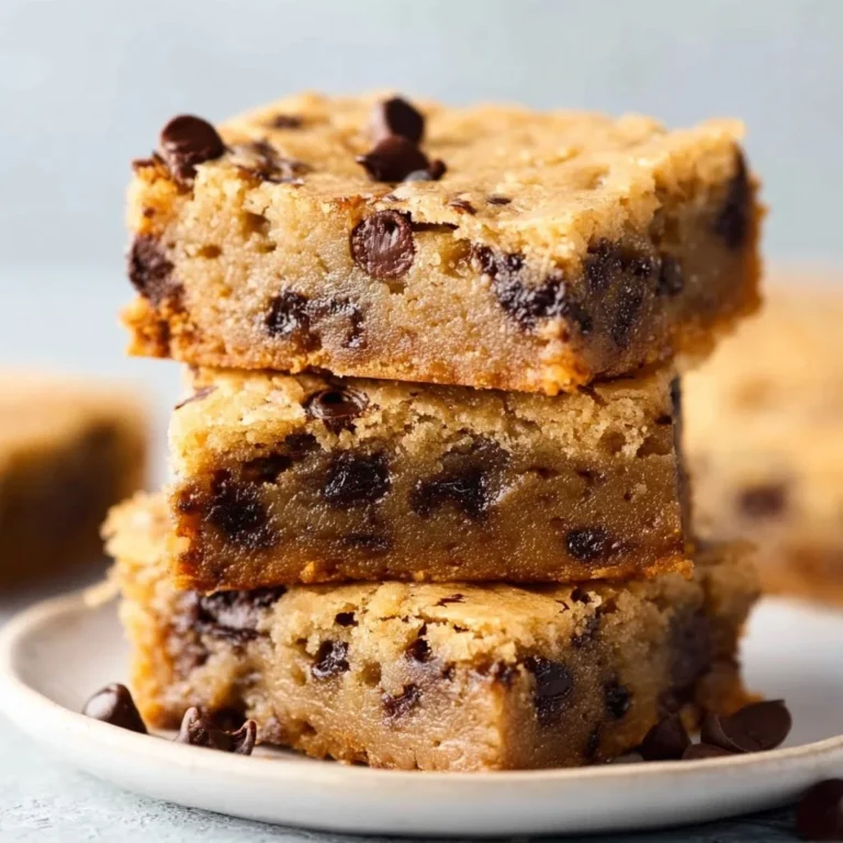 Plate of vegan chocolate chip blondies with a rich golden color