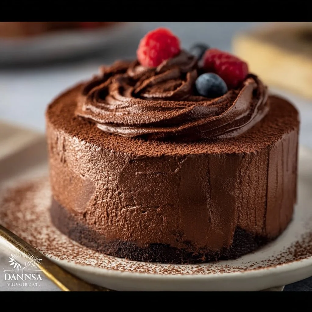 Delicious Vegan Chocolate Mousse Cake topped with fresh berries