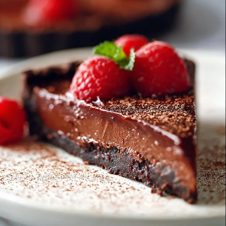 Delicious Vegan Chocolate Tart garnished with fresh berries and mint leaves.