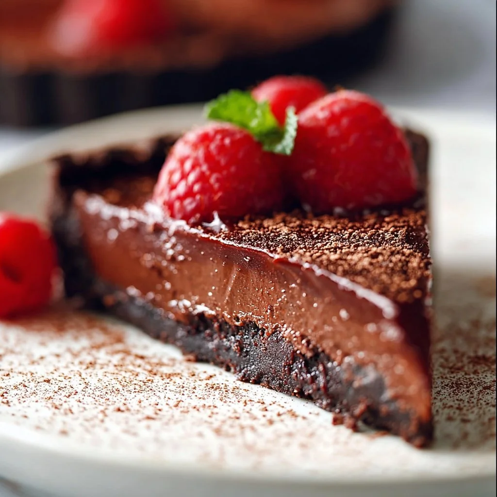 Delicious Vegan Chocolate Tart garnished with fresh berries and mint leaves.