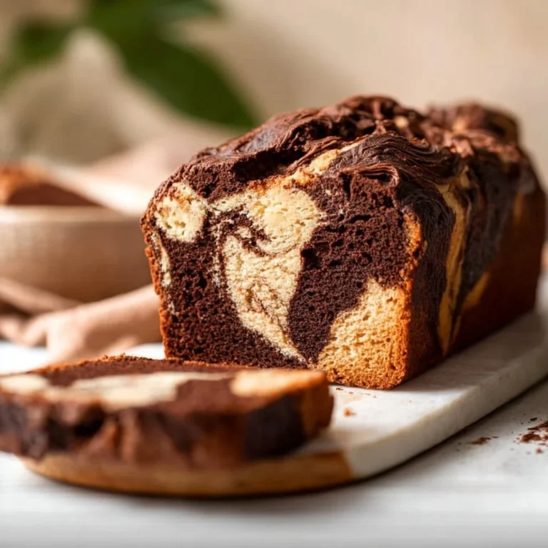 Vegan Chocolate Vanilla Marble Loaf Cake showcasing a moist and rich texture.