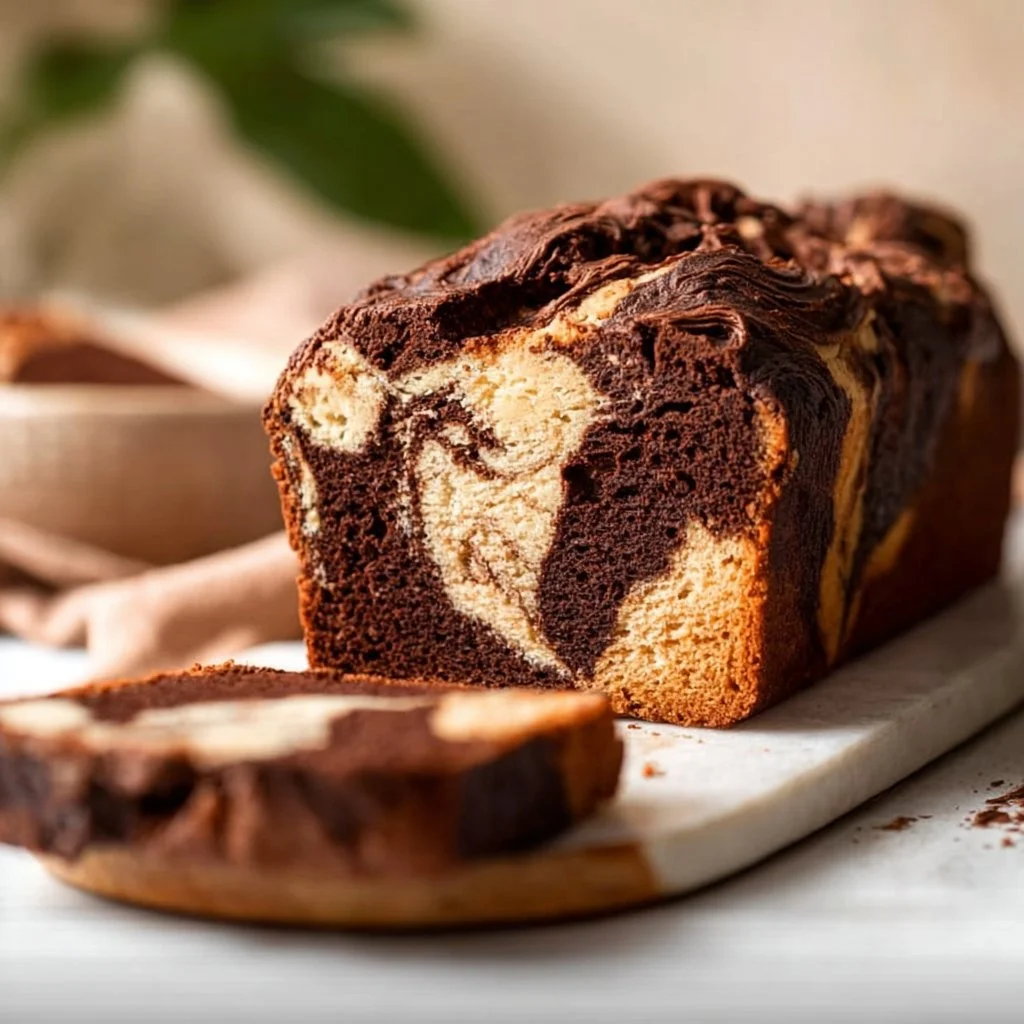 Vegan Chocolate Vanilla Marble Loaf Cake showcasing a moist and rich texture.