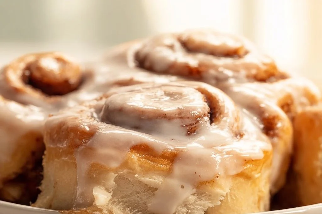 Delicious vegan cinnamon rolls fresh out of the oven with cinnamon glaze