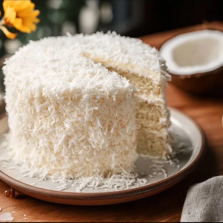Deliciously moist vegan coconut cake topped with fresh coconut shavings.