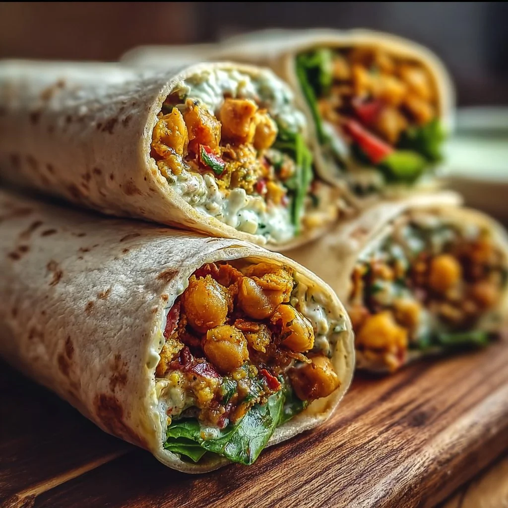 Vegan coconut curry chickpea wraps served on a plate with fresh herbs.