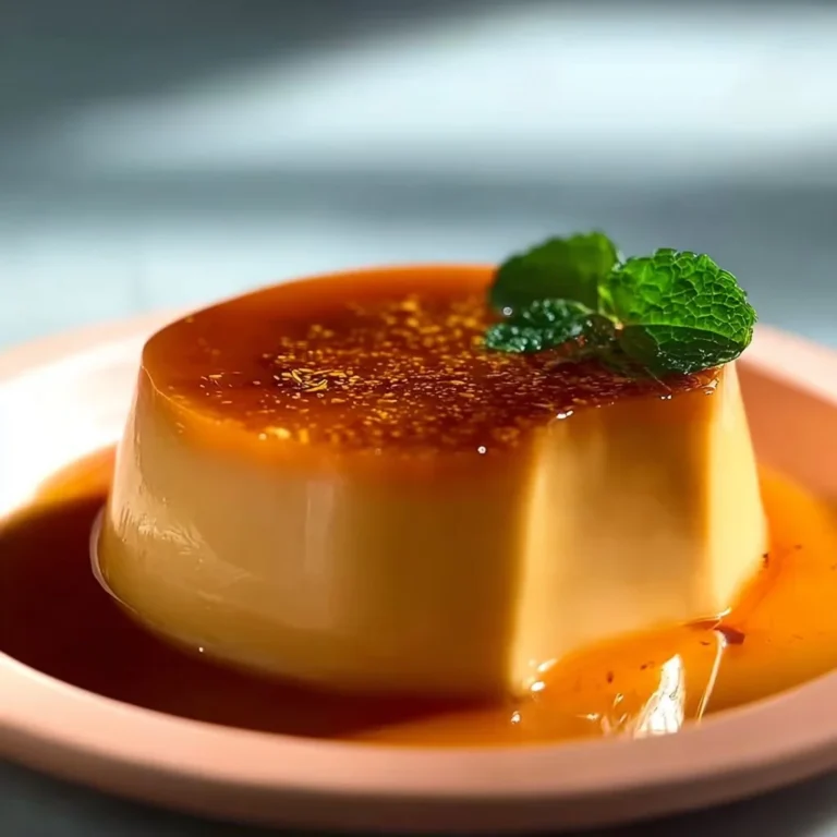 Delicious vegan cream caramel dessert topped with caramel sauce.