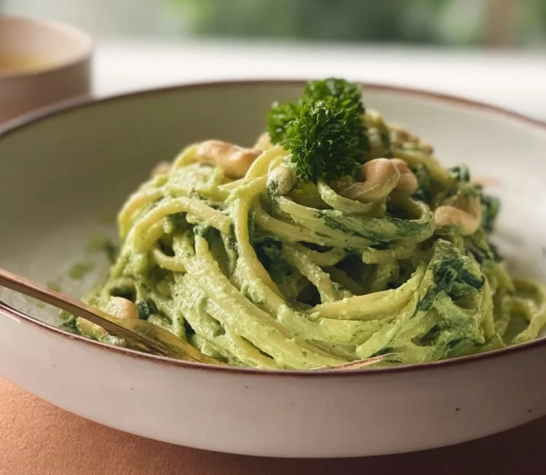 Vegan creamy spinach garlic pasta topped with cashews and parsley.