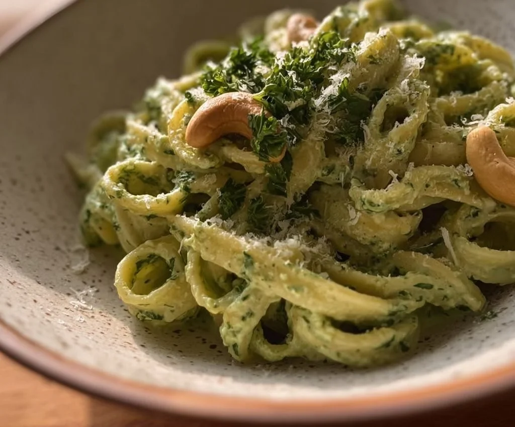 Vegan Creamy Spinach Garlic Pasta with Cashews and Parsley