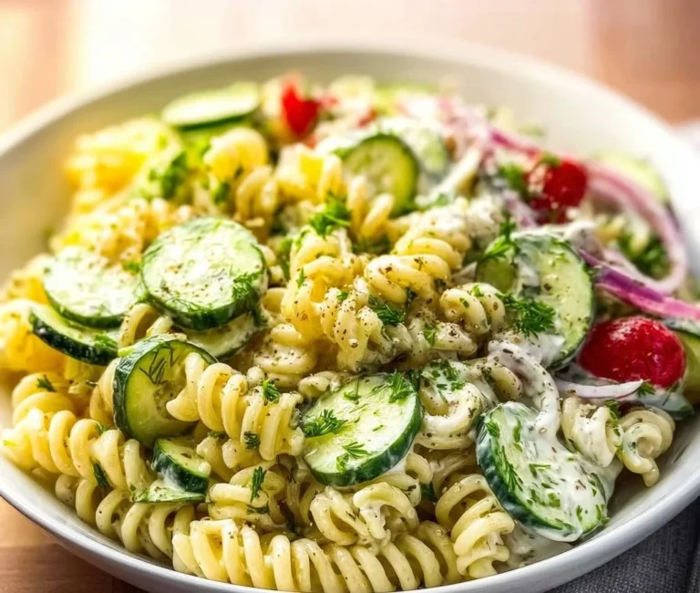 Vegan cucumber pasta salad with fresh vegetables and herbs