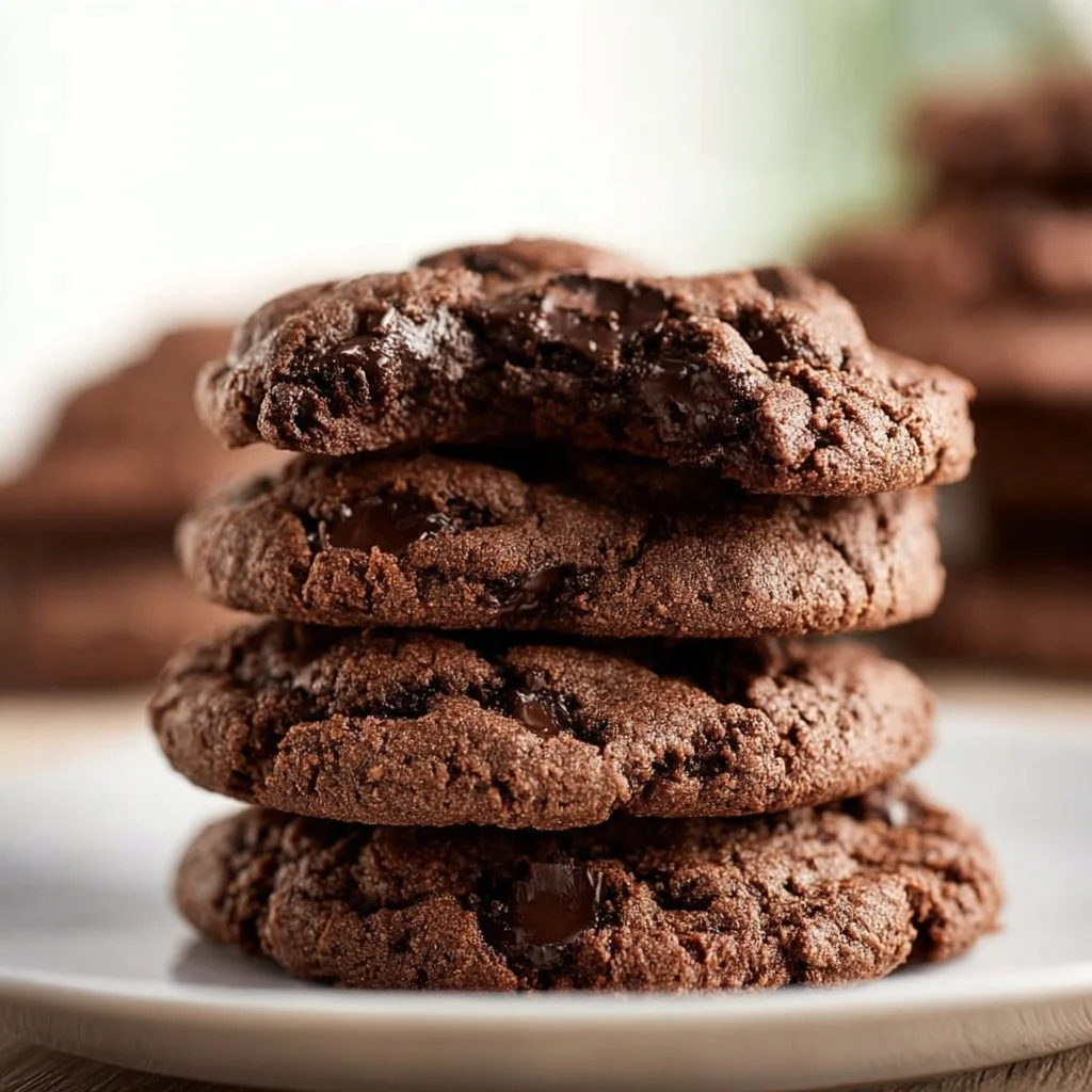 Vegan double chocolate chip cookies on a plate, topped with melted chocolate