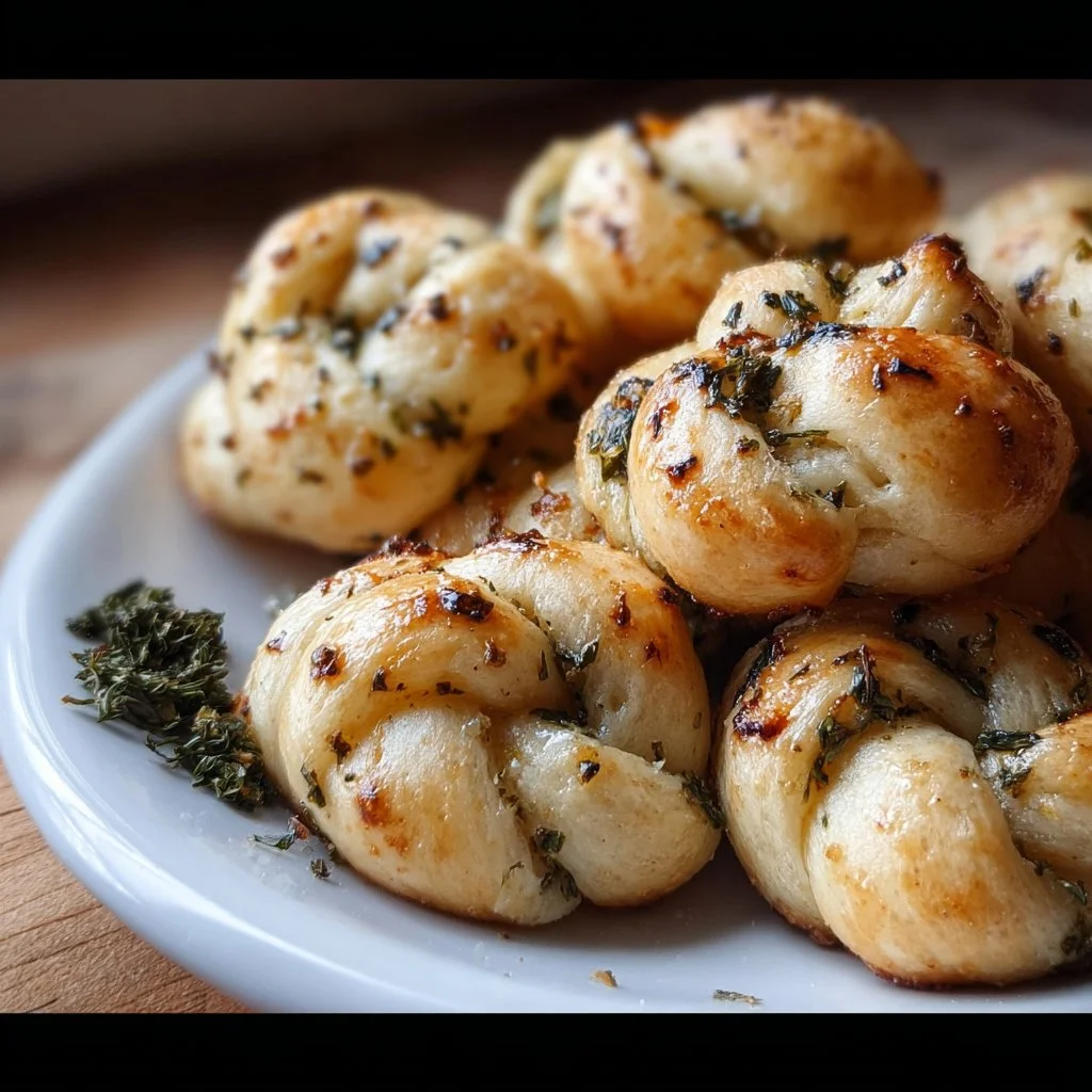 Delicious Vegan Garlic Knots served on a plate with garlic and herbs