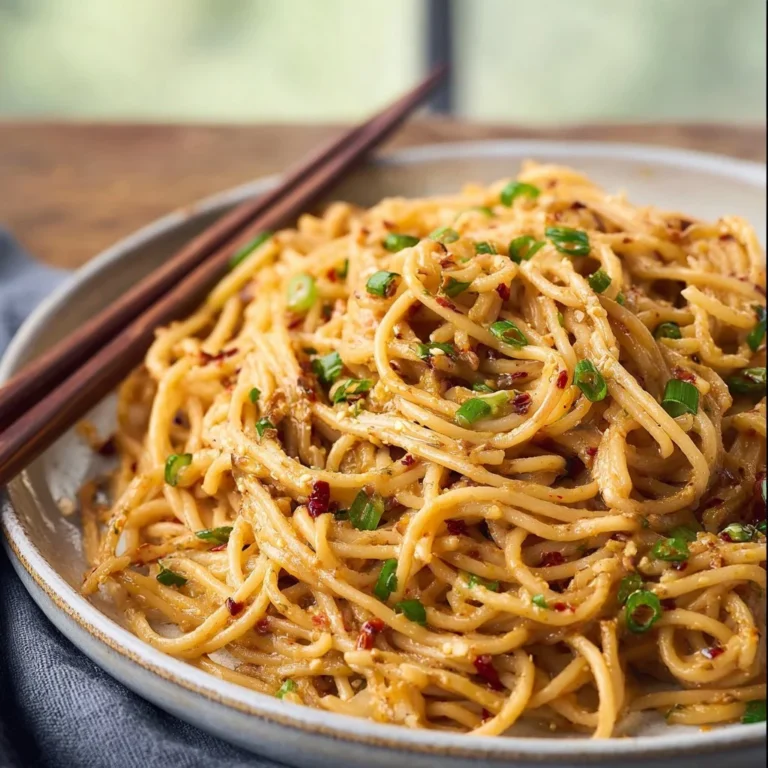 Delicious plate of Vegan Garlic Noodles topped with fresh herbs