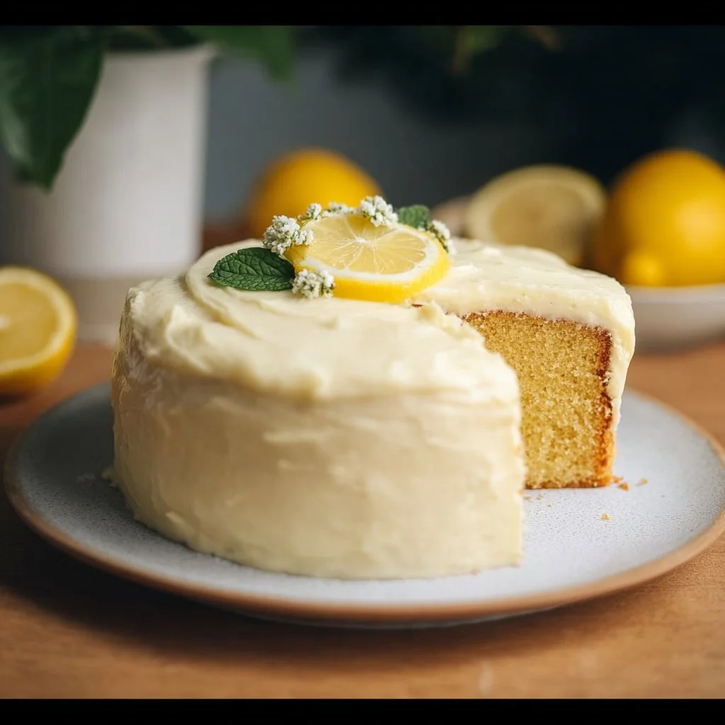 Vegan lemon cake with lemon cream cheese frosting on a dessert plate.