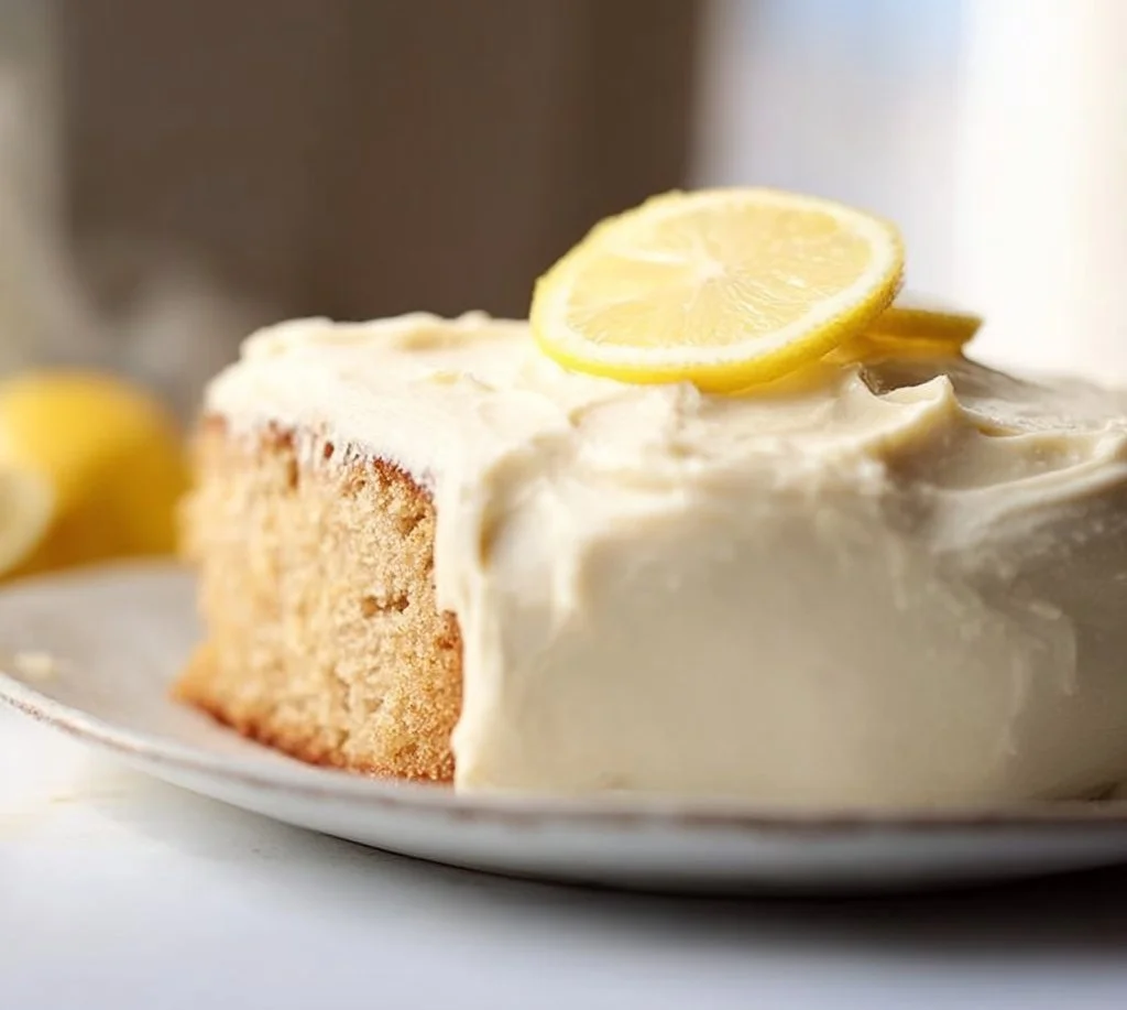 Vegan Lemon Cake topped with creamy lemon frosting on a plate