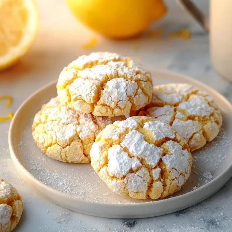 Vegan Lemon Crinkle Cookies stacked on a plate with powdered sugar