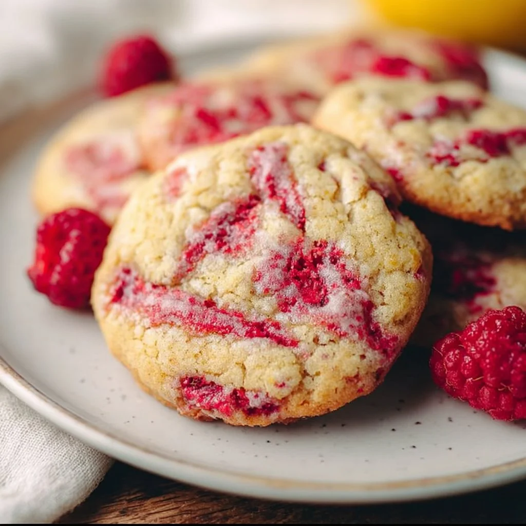 Delicious vegan lemon raspberry cookies on a wooden plate with fresh raspberries.