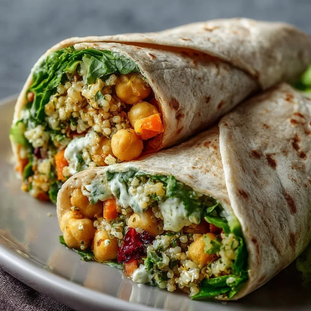 Vegan Lemon Tahini Chickpea Wraps showcasing fresh ingredients in a healthy dish.