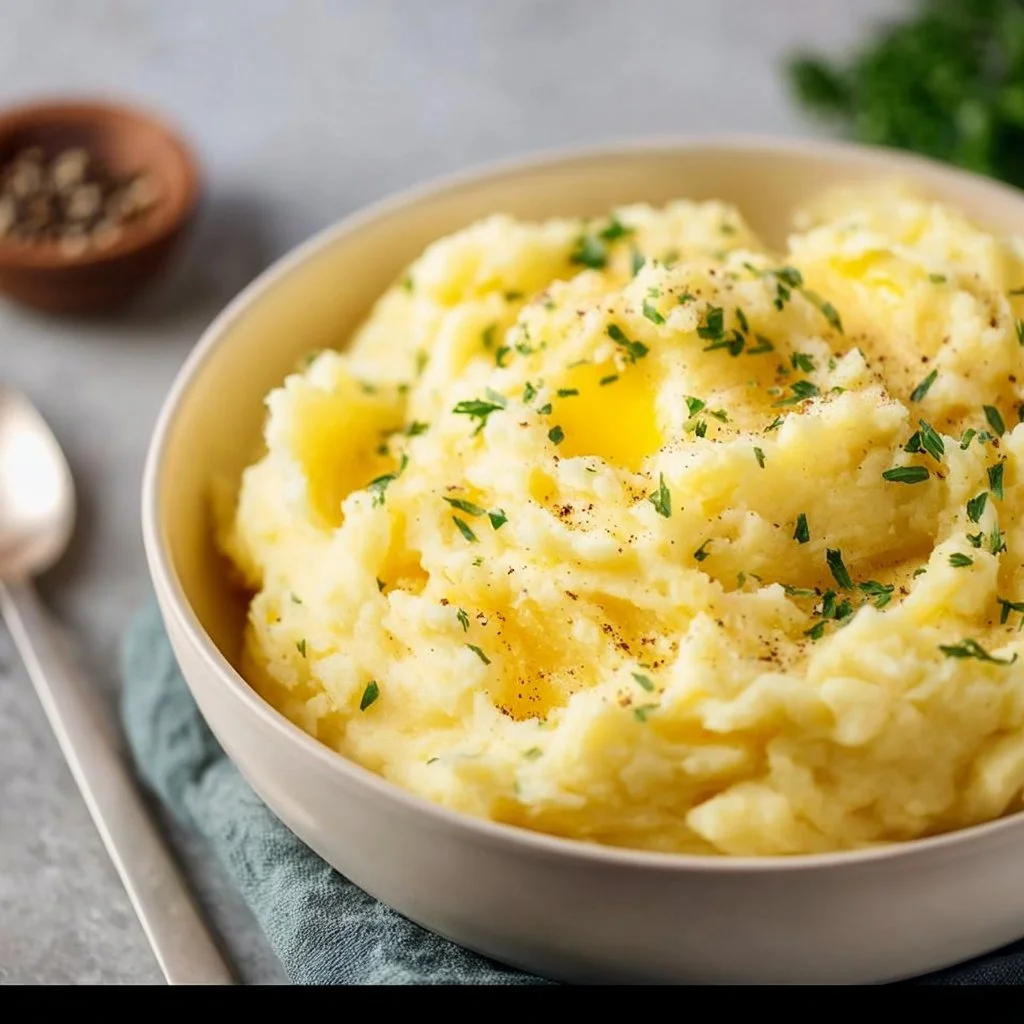 Bowl of creamy vegan mashed potatoes topped with fresh herbs
