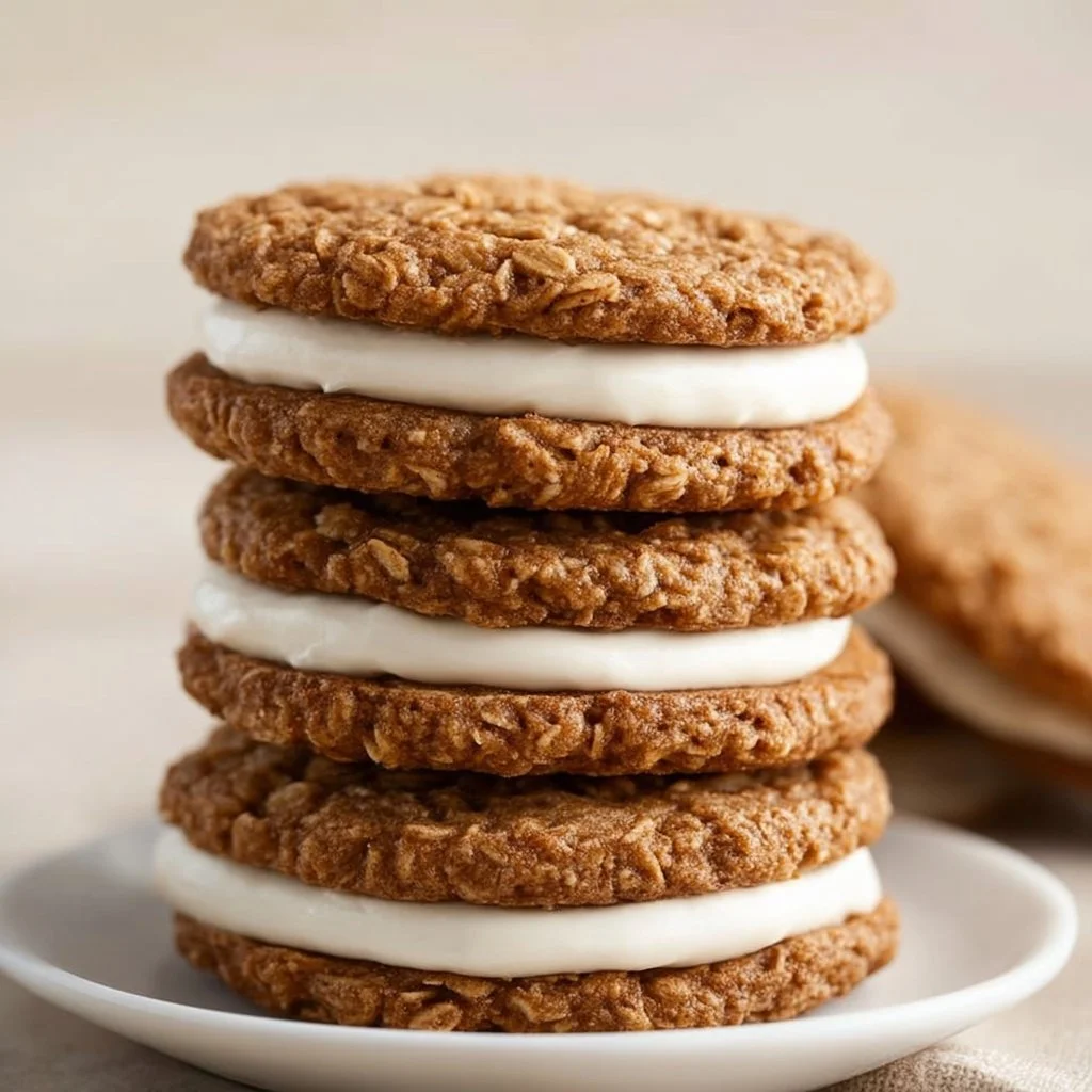 Vegan oatmeal cream pies with creamy filling and oatmeal cookies