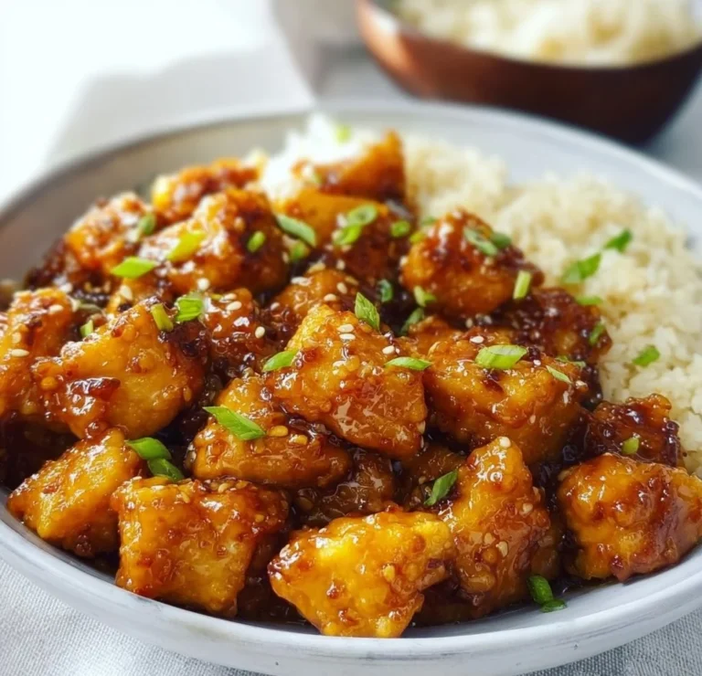 Delicious Vegan Orange Chicken made with tofu, garnished with fresh orange slices.