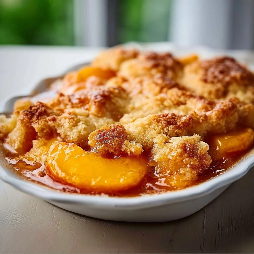 Delicious vegan peach cobbler served in a rustic dish with fresh peaches.