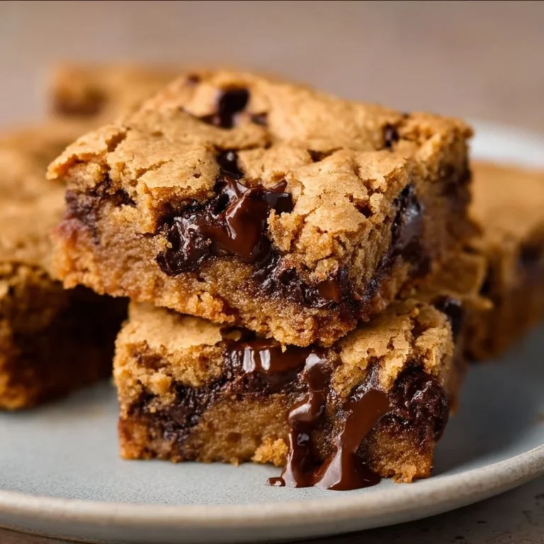 Plate of vegan peanut butter blondies topped with chocolate and nuts.