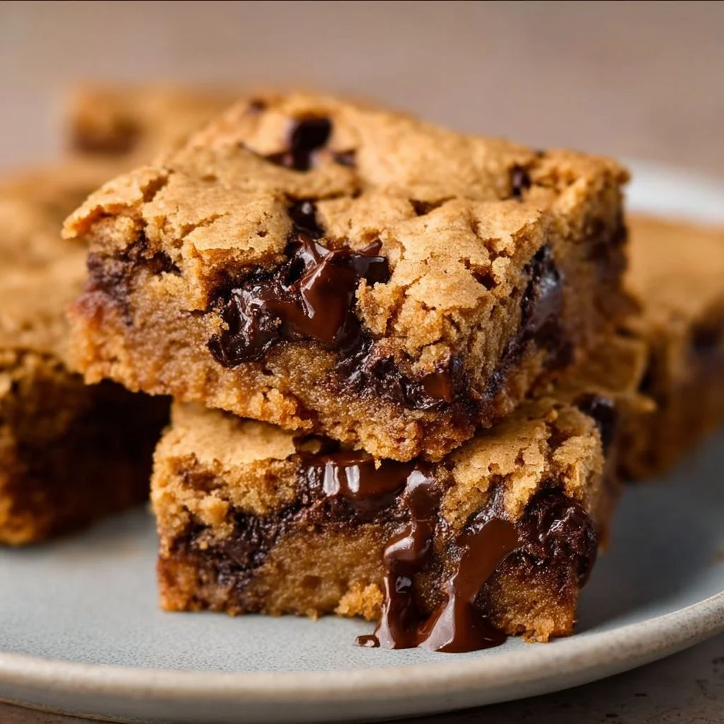 Plate of vegan peanut butter blondies topped with chocolate and nuts.