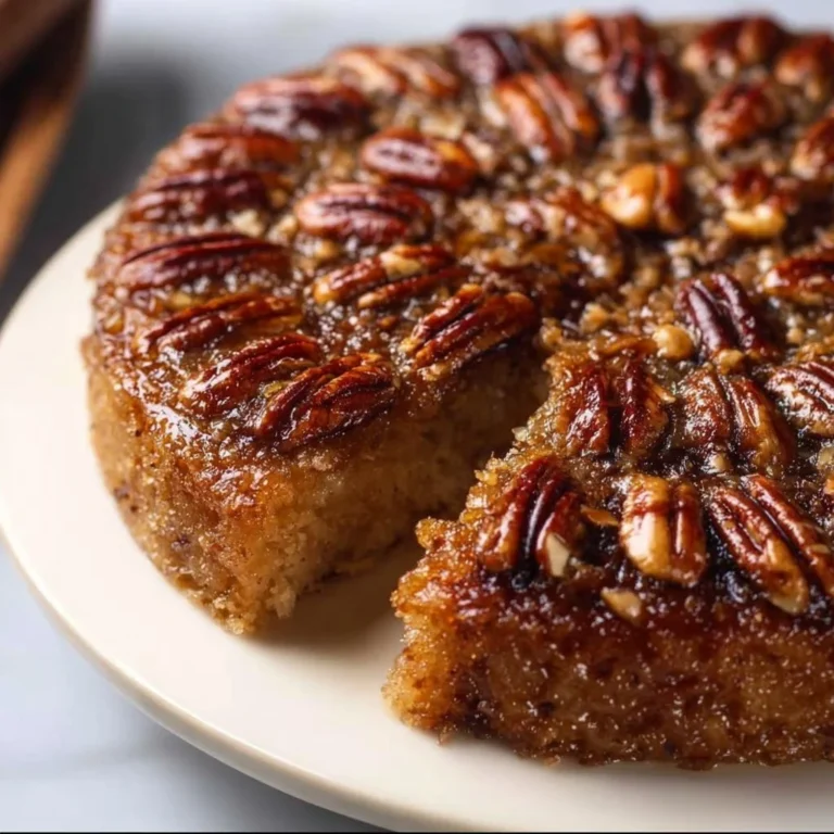 Vegan Pecan Upside-Down Cake topped with caramelized pecans