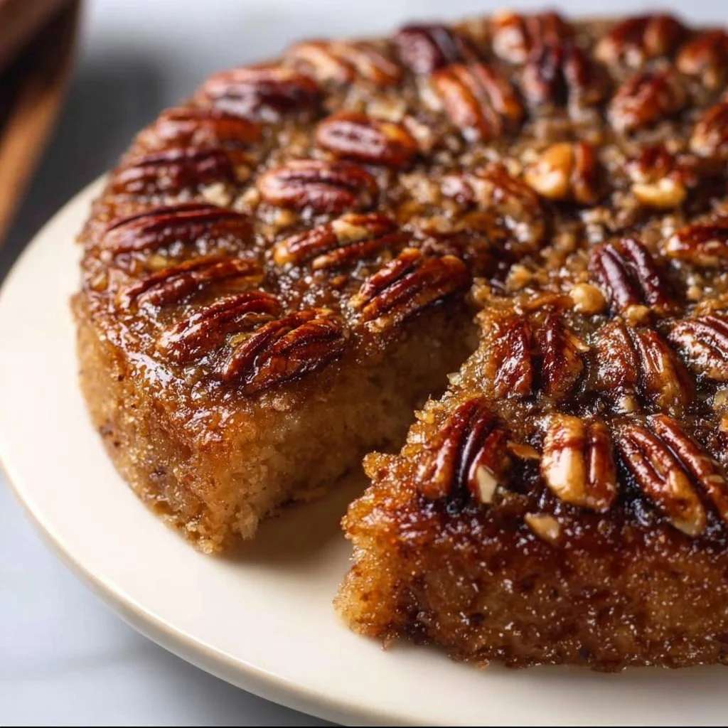 Vegan Pecan Upside-Down Cake topped with caramelized pecans