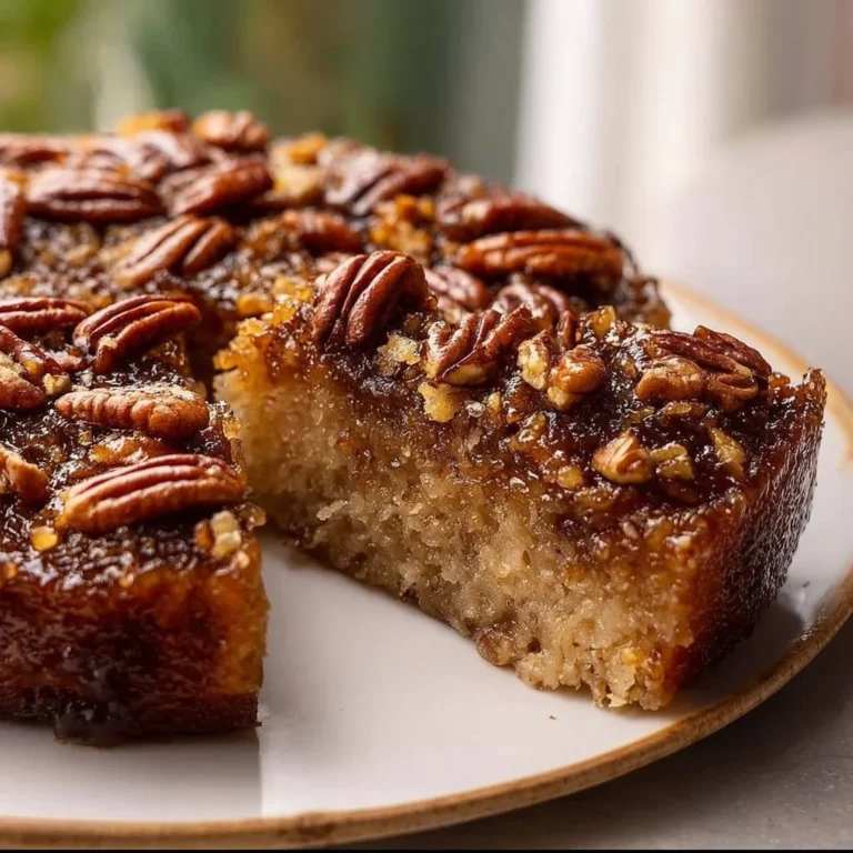 Vegan Pecan Upside Down Cake topped with pecans and caramel glaze