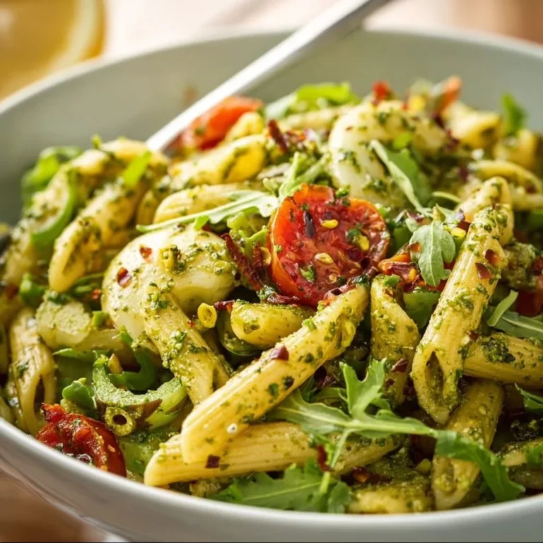 Vegan pesto pasta salad with fresh vegetables and herbs