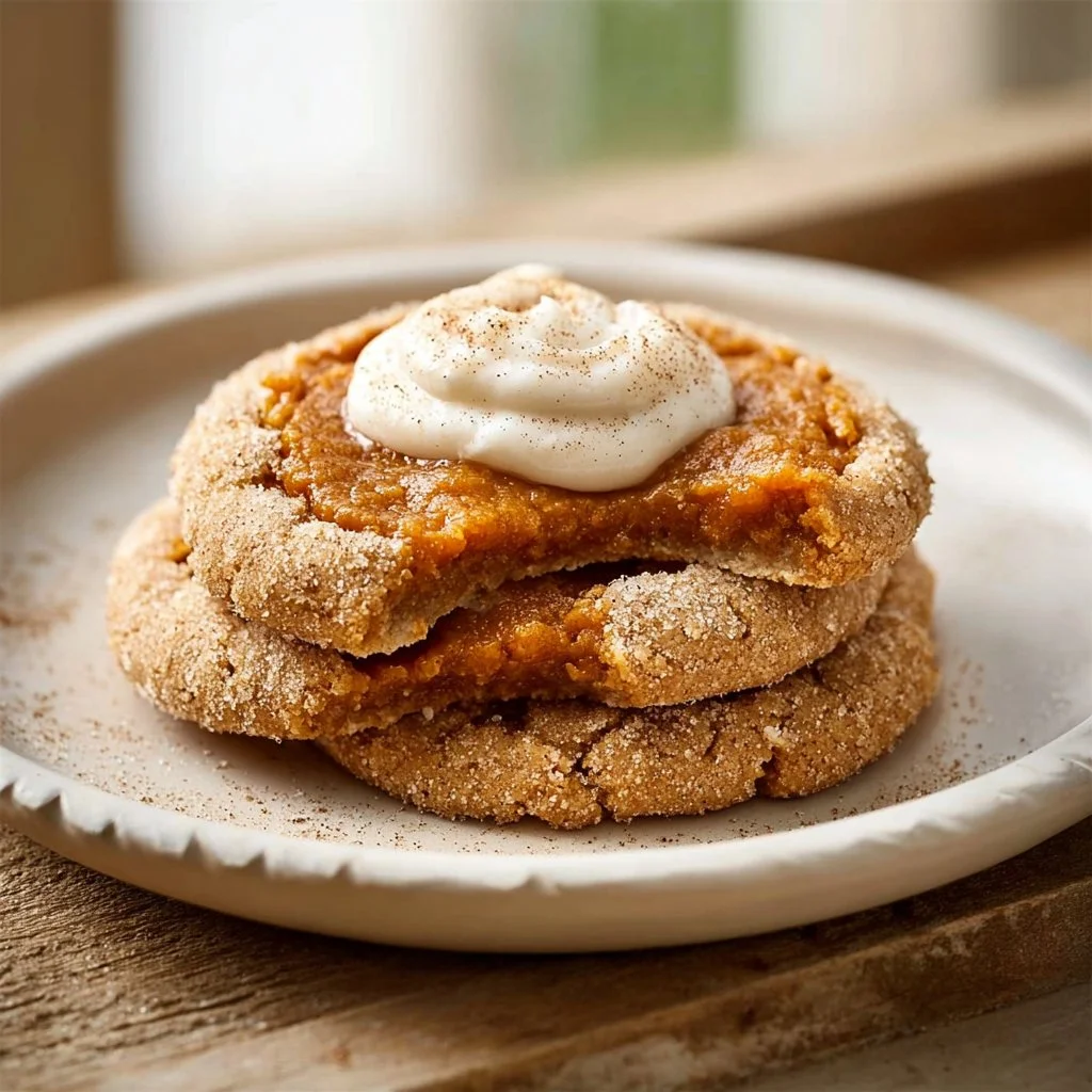 Vegan pumpkin pie cookies arranged on a plate, showcasing their delicious texture and autumn spices.