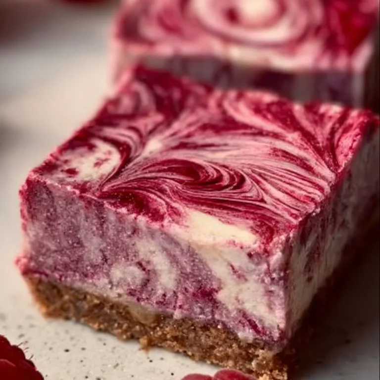 Vegan Raspberry Cheesecake Bars topped with fresh raspberries and nuts