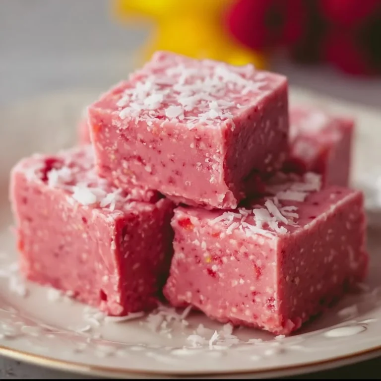Delicious vegan raspberry coconut fudge stacked on a plate